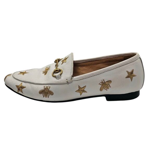 Gucci Mystic White Leather with Gold Embroidered Bees & Stars Jordaan Loafer - Picture 1 of 11